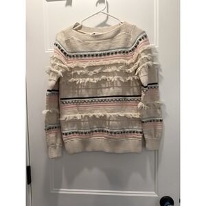 Loft Pry Boat Neck Fringe Pom Pom Pullover Sweater Women's M NWT Boho Aztec